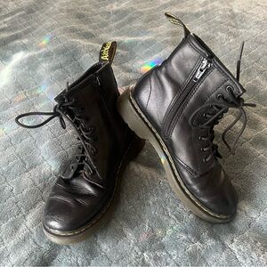 Kids Dr. Martens Black Leather Boots with Yellow Stitching 1